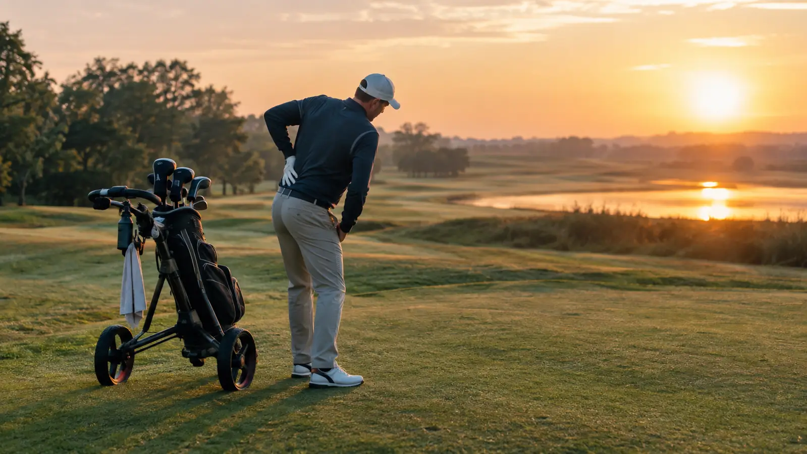 A golfer stretching his lower back next to a push cart on a fairway at sunrise