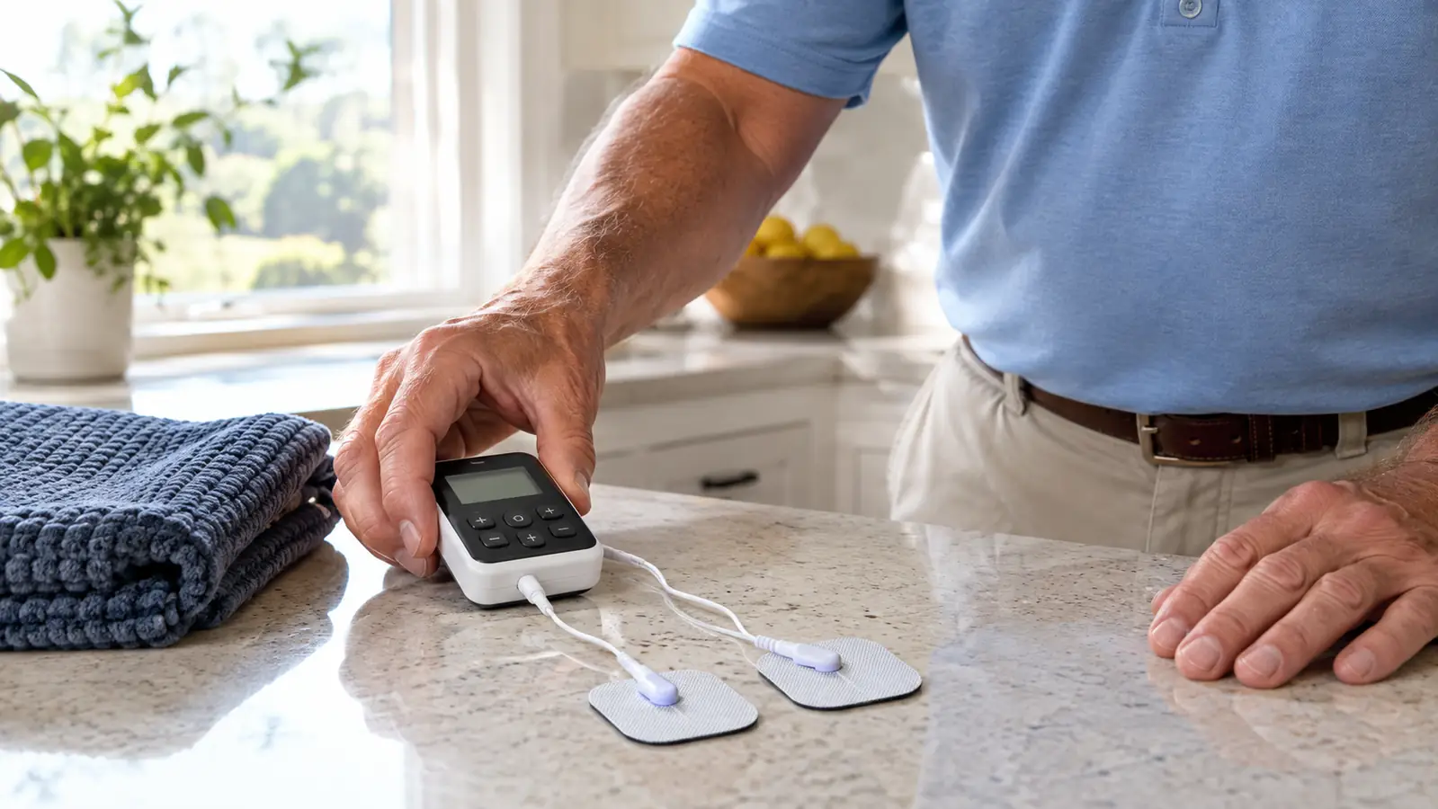 A hand placing a small digital TENS unit with electrode pads on a kitchen counter next to a folded towel