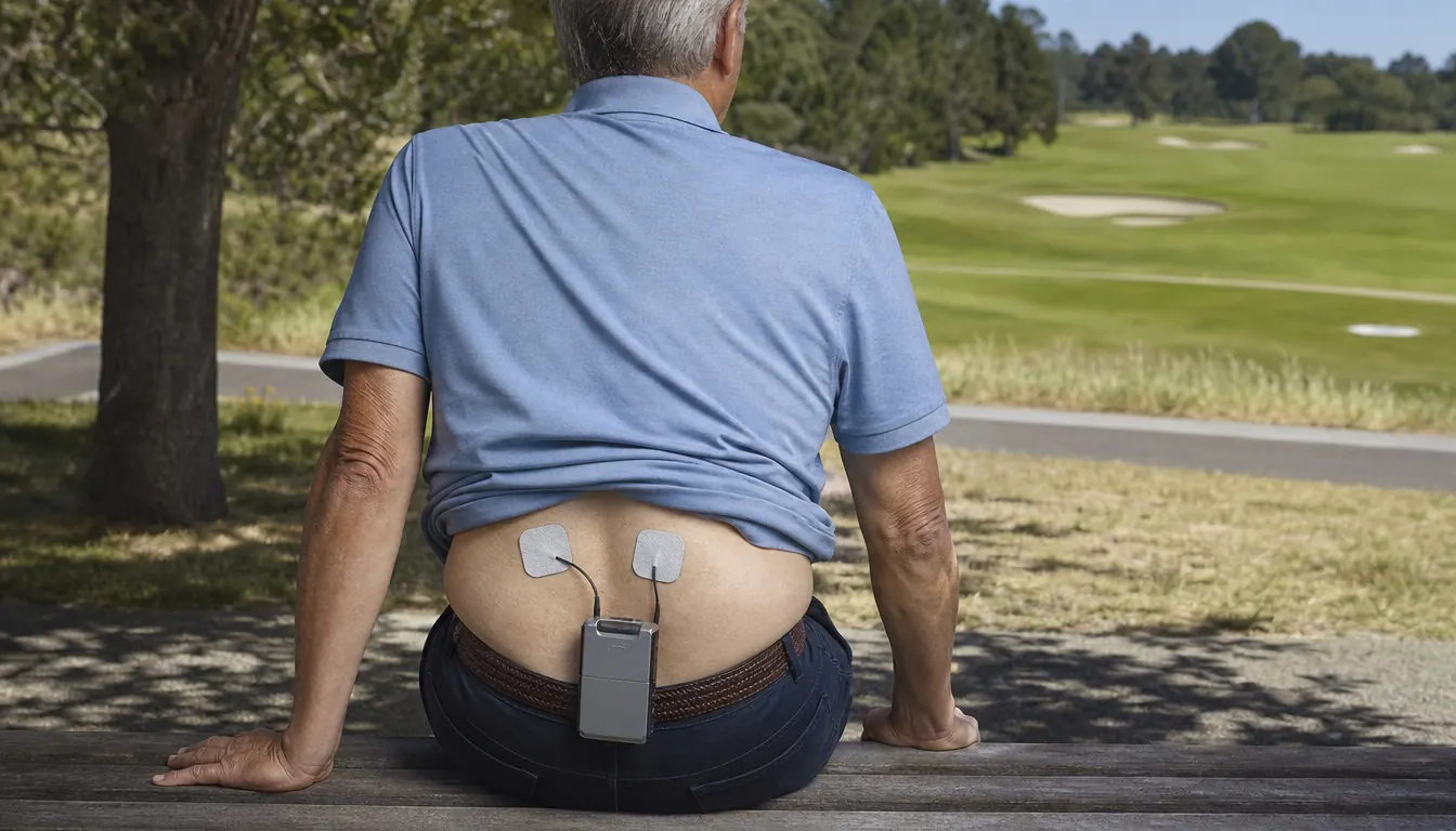 A TENS unit with electrode pads placed on a lower back over a golf shirt