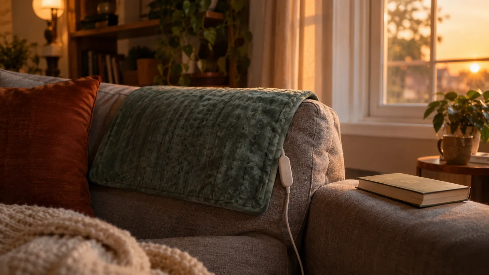 A heating pad draped over the back of a living room couch in the evening